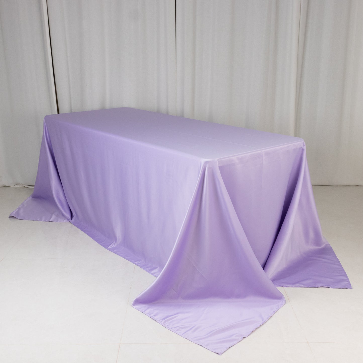 90"x132" Lavender Lilac Seamless Lamour Satin Rectangle Tablecloth for 6 Foot Table With Floor-Length Drop