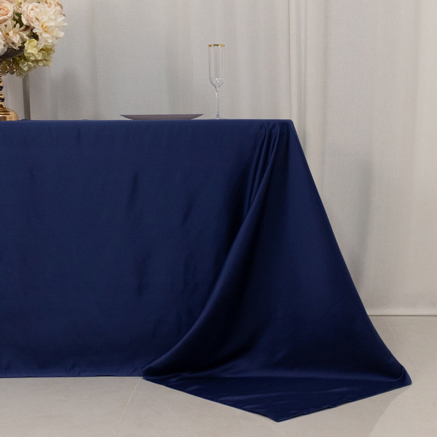 90"x132" Navy Blue Seamless Lamour Satin Rectangle Tablecloth for 6 Foot Table With Floor-Length Drop