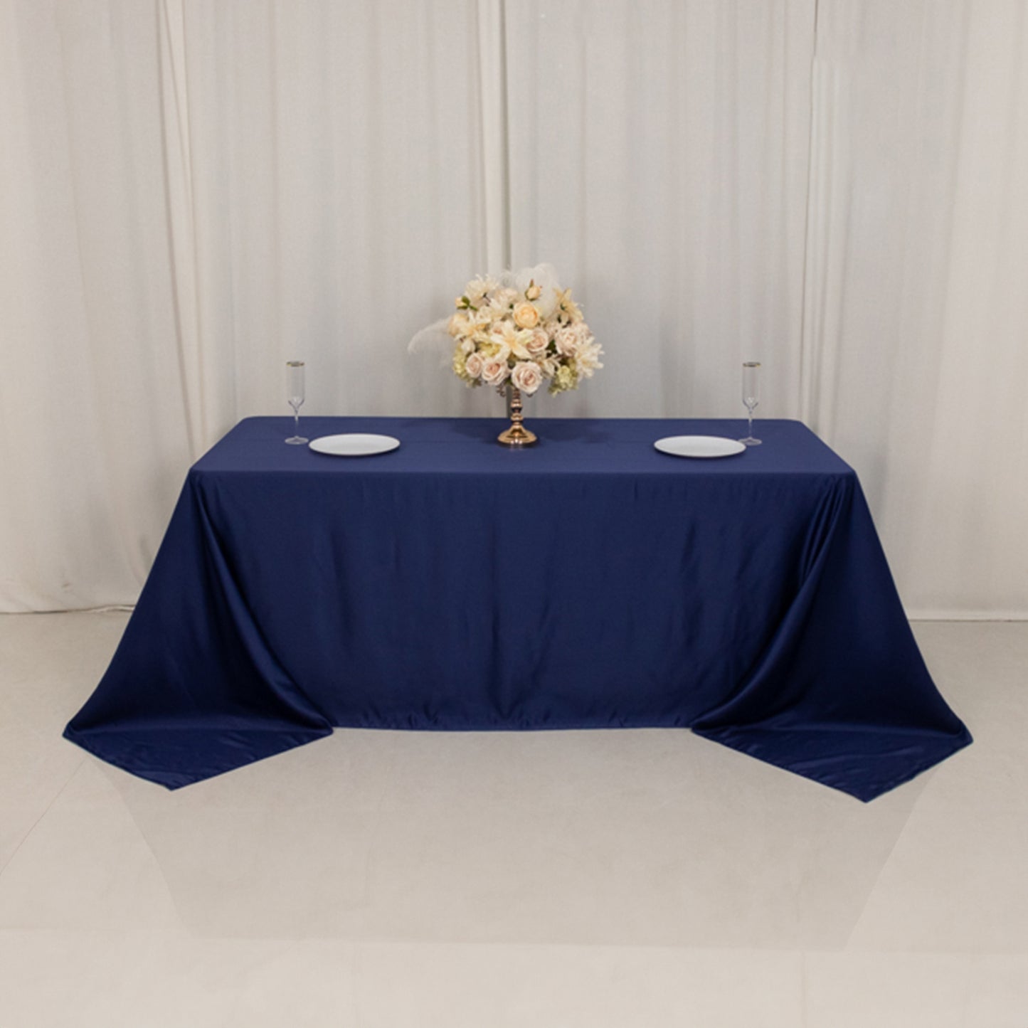 90"x132" Navy Blue Seamless Lamour Satin Rectangle Tablecloth for 6 Foot Table With Floor-Length Drop