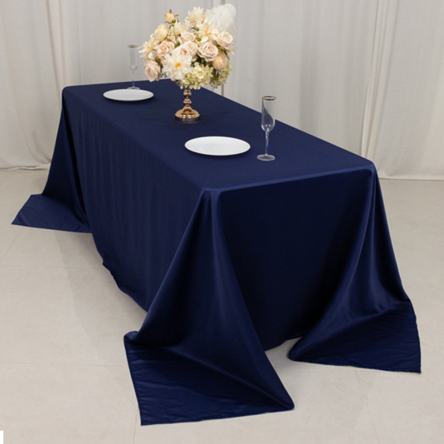90"x132" Navy Blue Seamless Lamour Satin Rectangle Tablecloth for 6 Foot Table With Floor-Length Drop