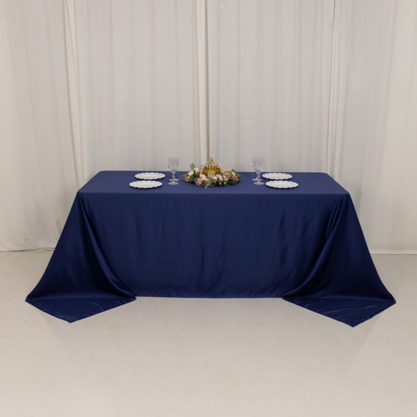 90"x132" Navy Blue Seamless Lamour Satin Rectangle Tablecloth for 6 Foot Table With Floor-Length Drop
