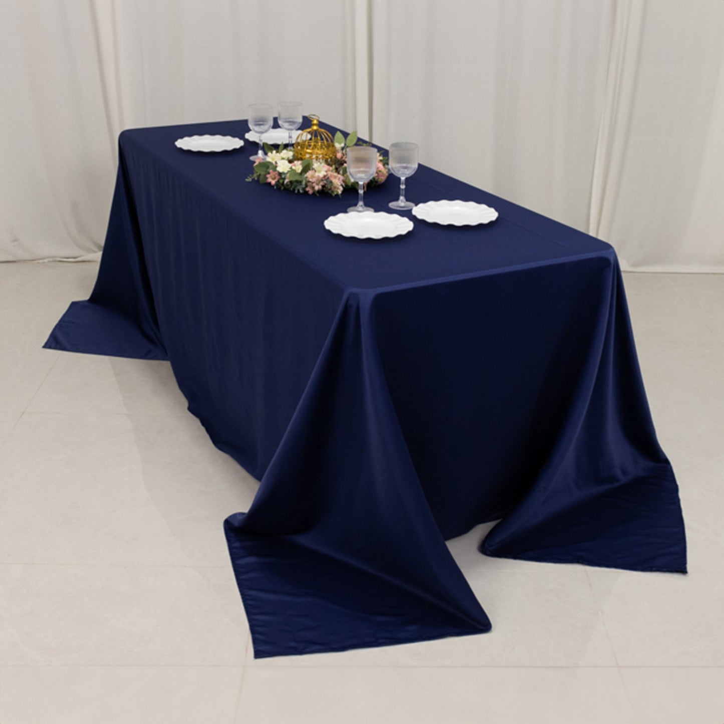90"x132" Navy Blue Seamless Lamour Satin Rectangle Tablecloth for 6 Foot Table With Floor-Length Drop