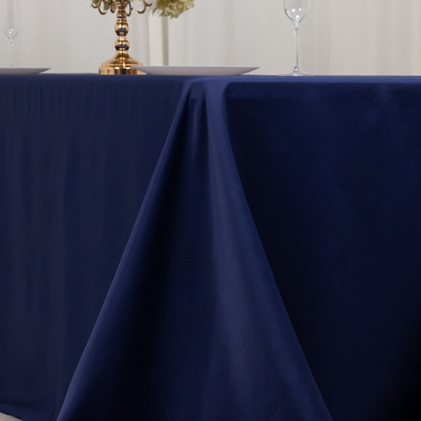 90"x132" Navy Blue Seamless Lamour Satin Rectangle Tablecloth for 6 Foot Table With Floor-Length Drop