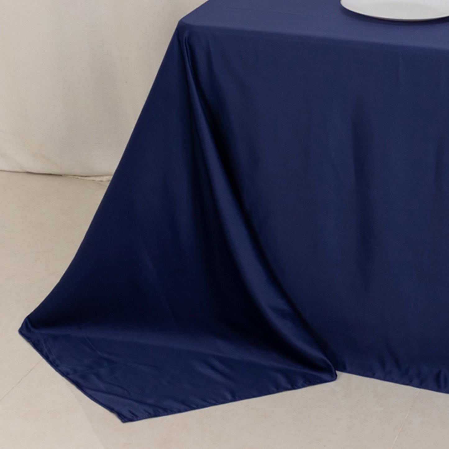 90"x132" Navy Blue Seamless Lamour Satin Rectangle Tablecloth for 6 Foot Table With Floor-Length Drop