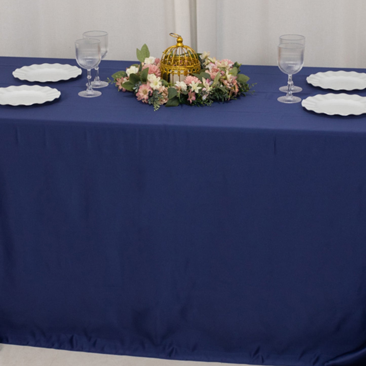 90"x132" Navy Blue Seamless Lamour Satin Rectangle Tablecloth for 6 Foot Table With Floor-Length Drop