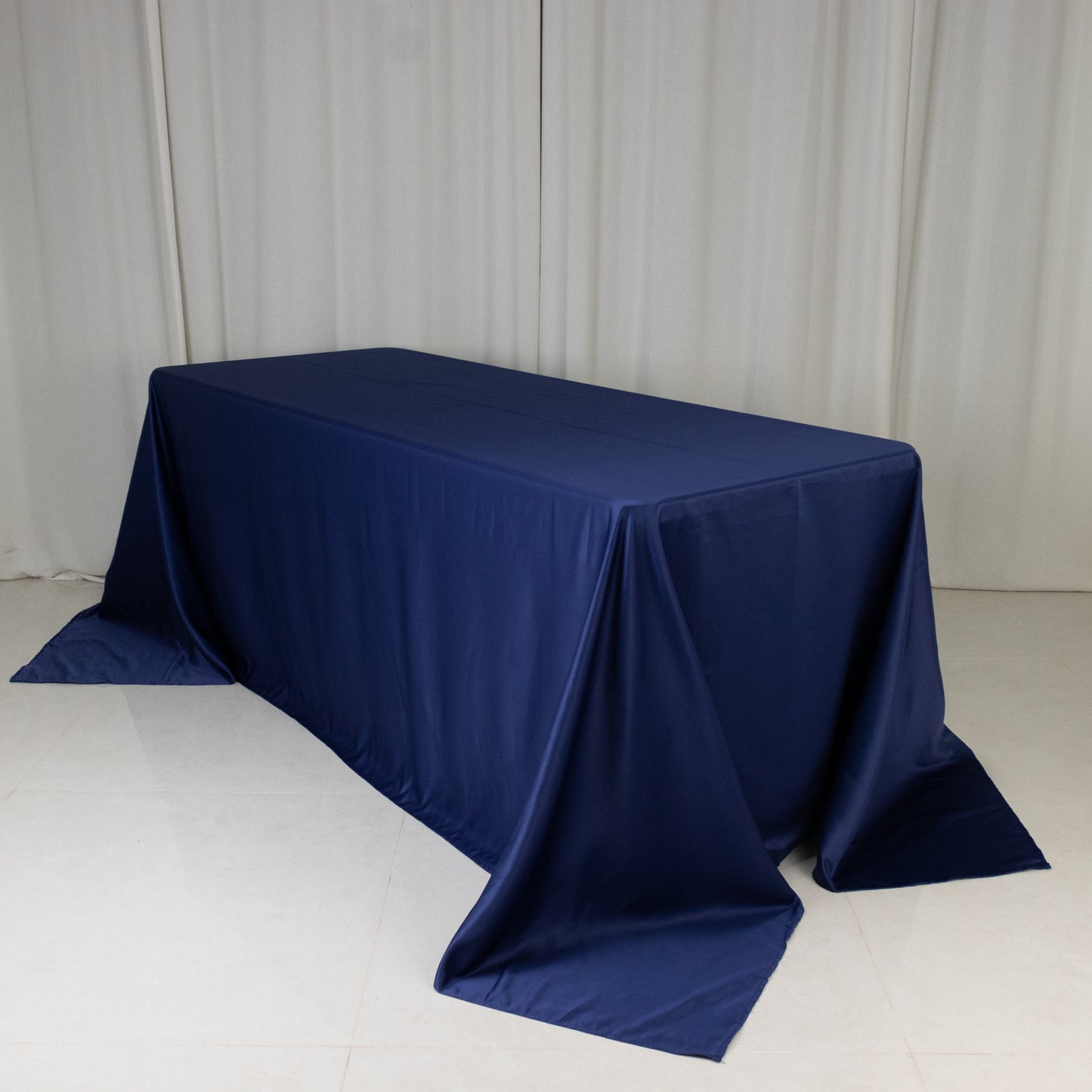 90"x132" Navy Blue Seamless Lamour Satin Rectangle Tablecloth for 6 Foot Table With Floor-Length Drop