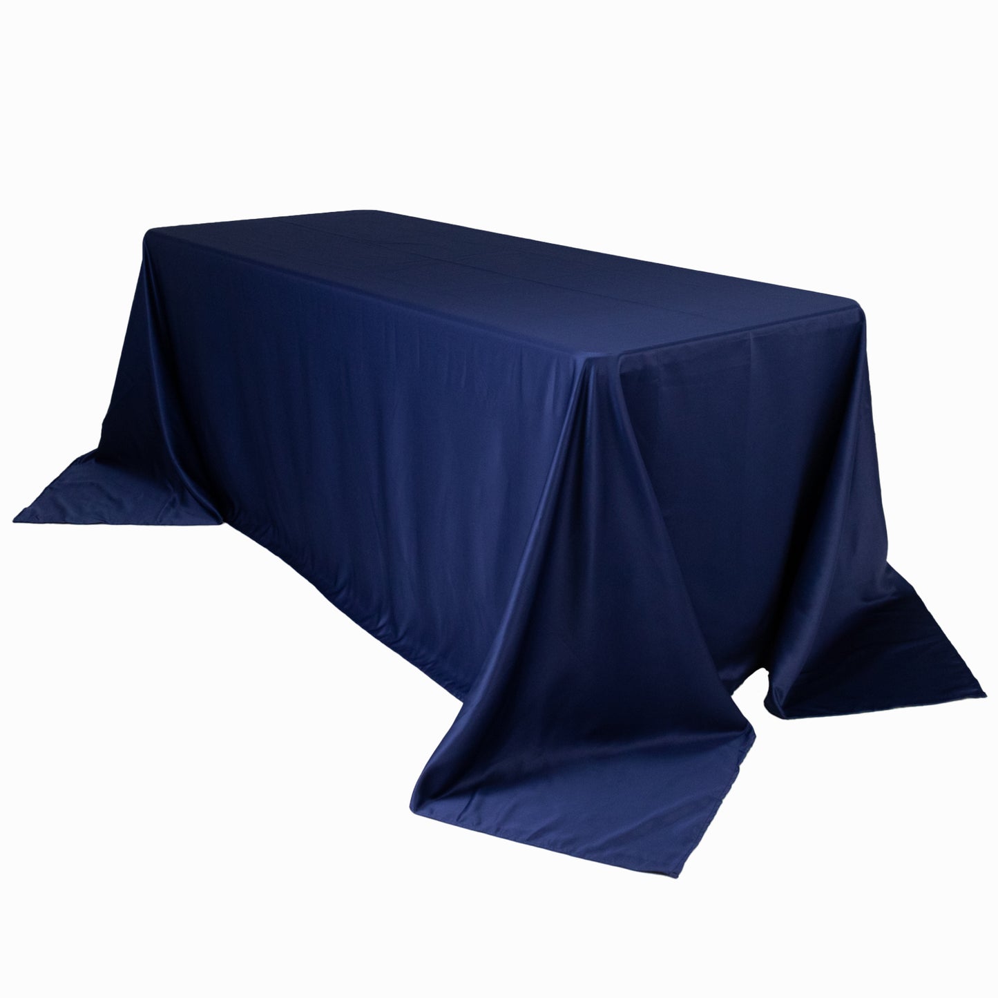 90"x132" Navy Blue Seamless Lamour Satin Rectangle Tablecloth for 6 Foot Table With Floor-Length Drop