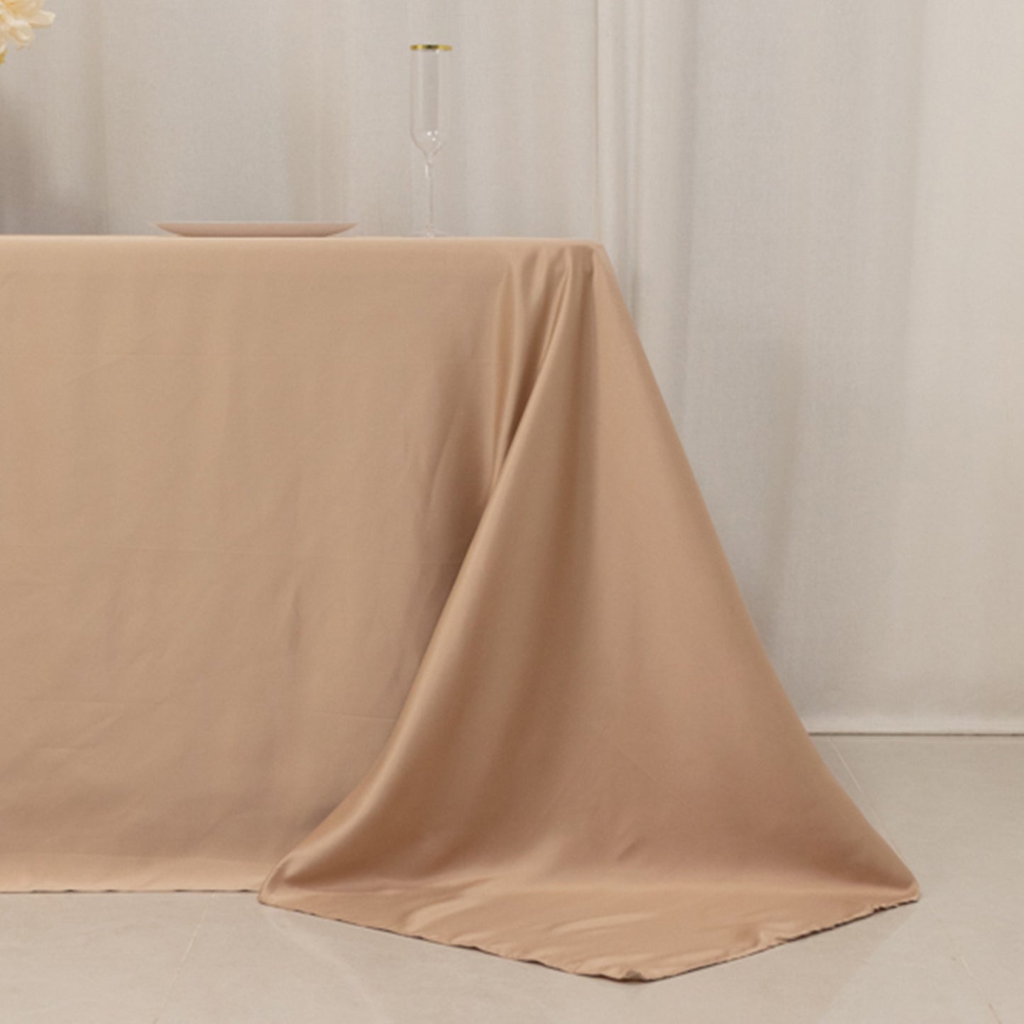 90"x132" Nude Seamless Lamour Satin Rectangle Tablecloth for 6 Foot Table With Floor-Length Drop