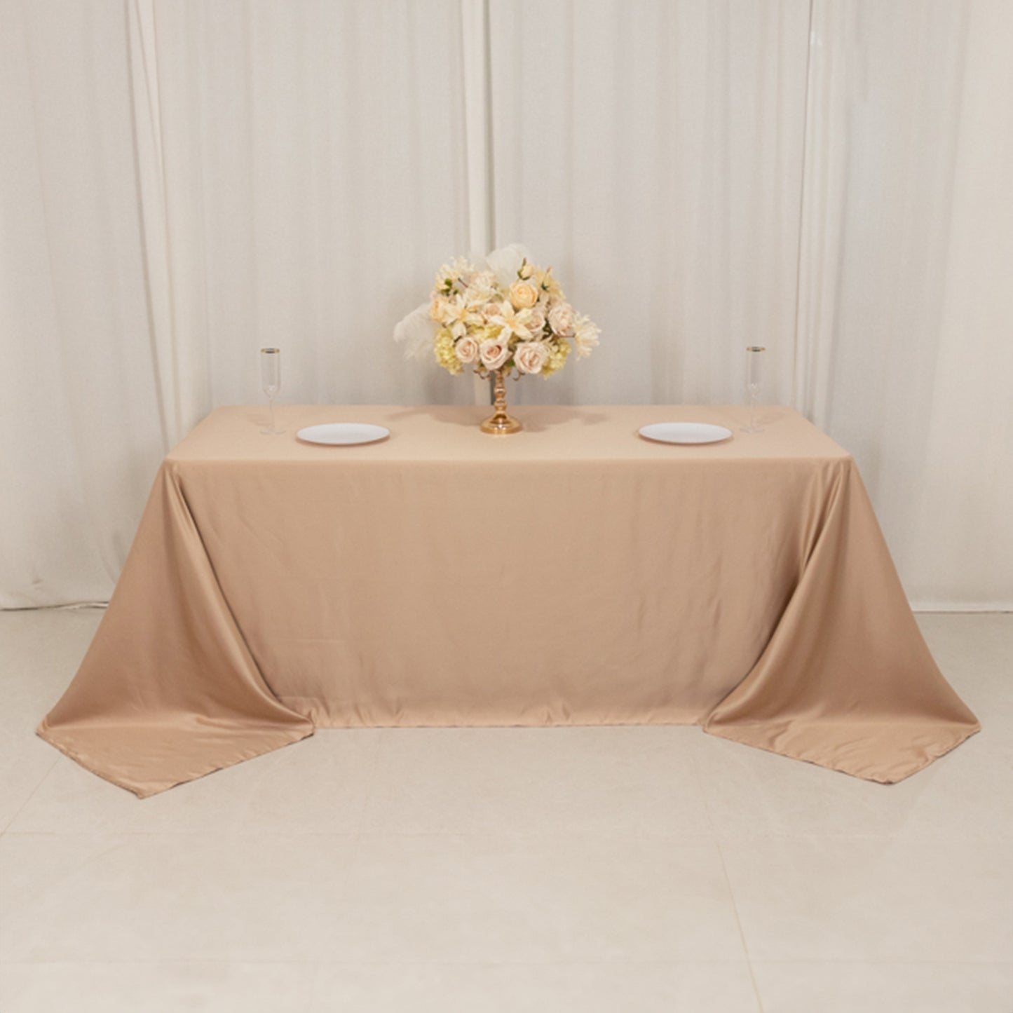 90"x132" Nude Seamless Lamour Satin Rectangle Tablecloth for 6 Foot Table With Floor-Length Drop