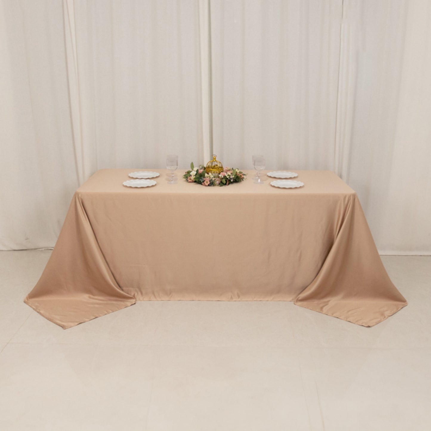 90"x132" Nude Seamless Lamour Satin Rectangle Tablecloth for 6 Foot Table With Floor-Length Drop