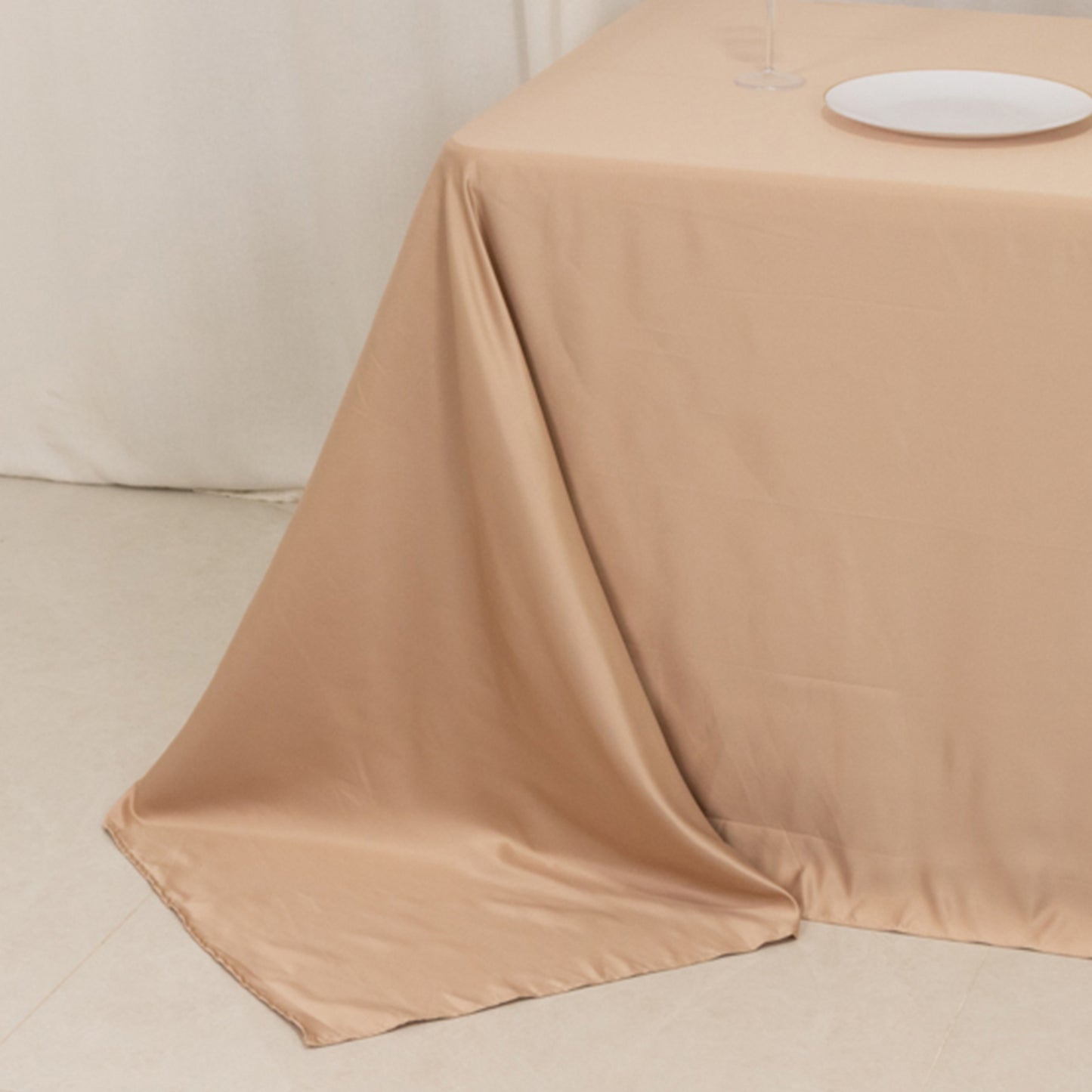 90"x132" Nude Seamless Lamour Satin Rectangle Tablecloth for 6 Foot Table With Floor-Length Drop