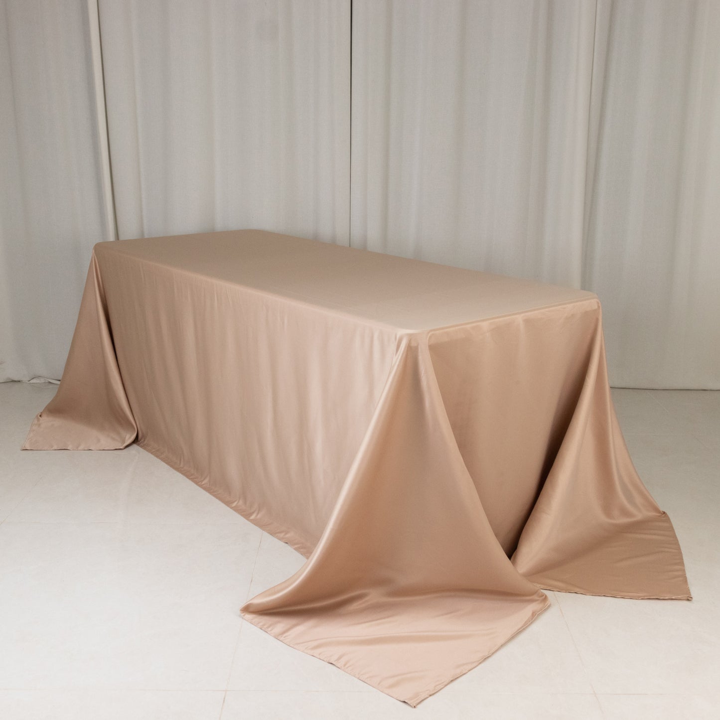 90"x132" Nude Seamless Lamour Satin Rectangle Tablecloth for 6 Foot Table With Floor-Length Drop