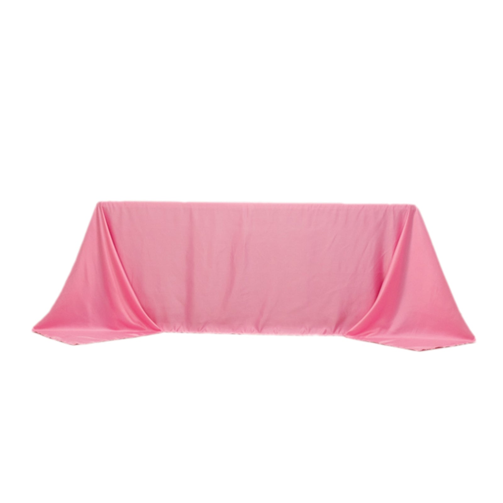 Pink satin tablecloth for 6-foot table with floor-length drop.