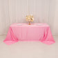 Pink satin tablecloth for 6 foot table with floor-length drop.