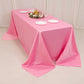 90"x132" pink satin tablecloth for 6-foot table with floor-length drop.