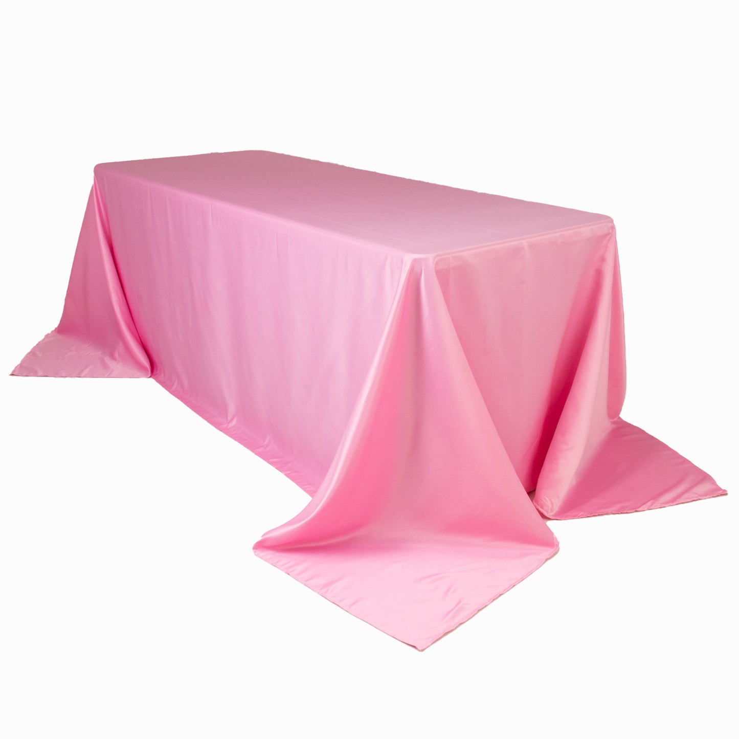 Pink satin tablecloth for 6-foot table with floor-length drop.