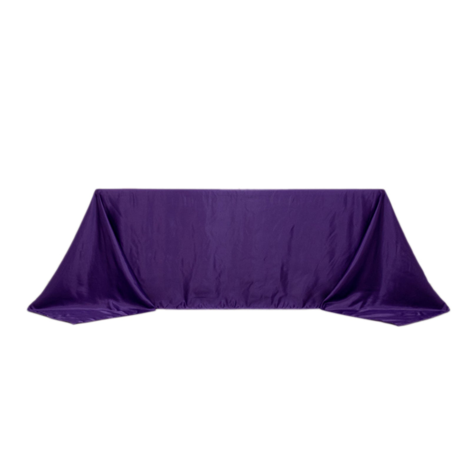 Purple satin tablecloth for 6-foot table with floor-length drop.