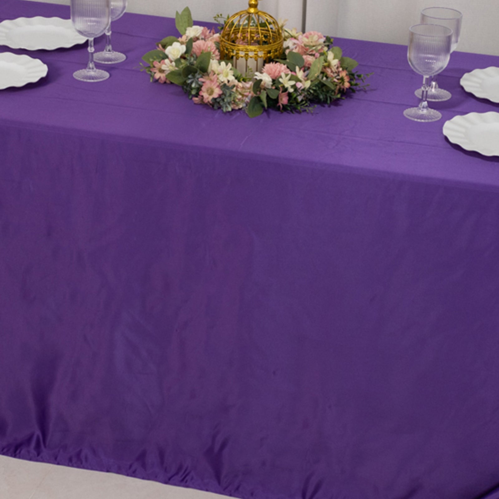 Purple seamless satin tablecloth for 6-foot table with floor-length drop.