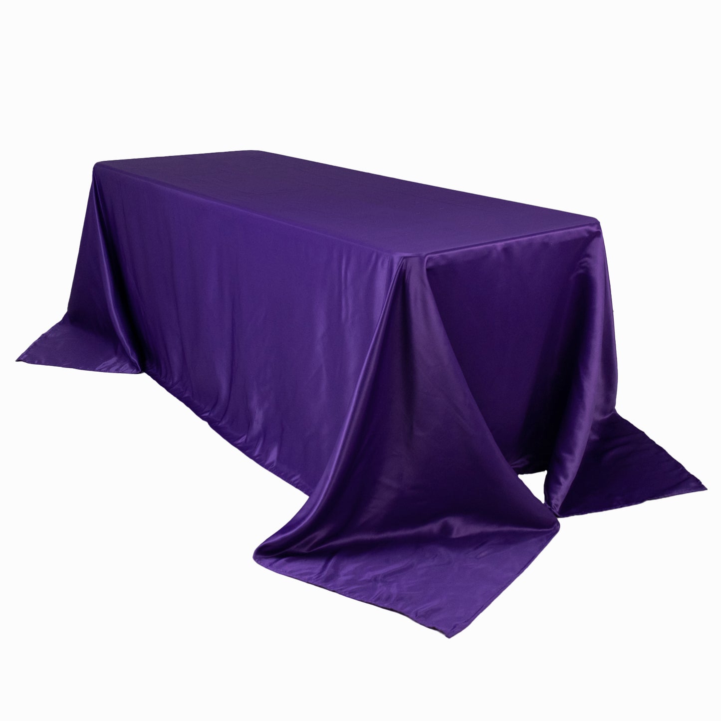 Purple seamless satin tablecloth for 6-foot table with floor-length drop.