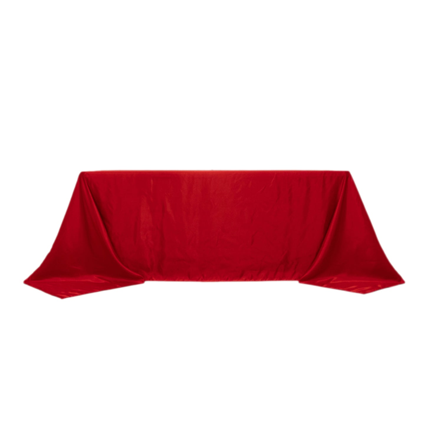 Red seamless satin tablecloth for 6-foot table with floor-length drop.