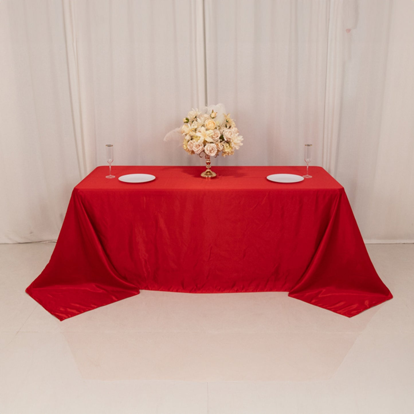 Red satin tablecloth for a 6-foot table with a floor-length drop.