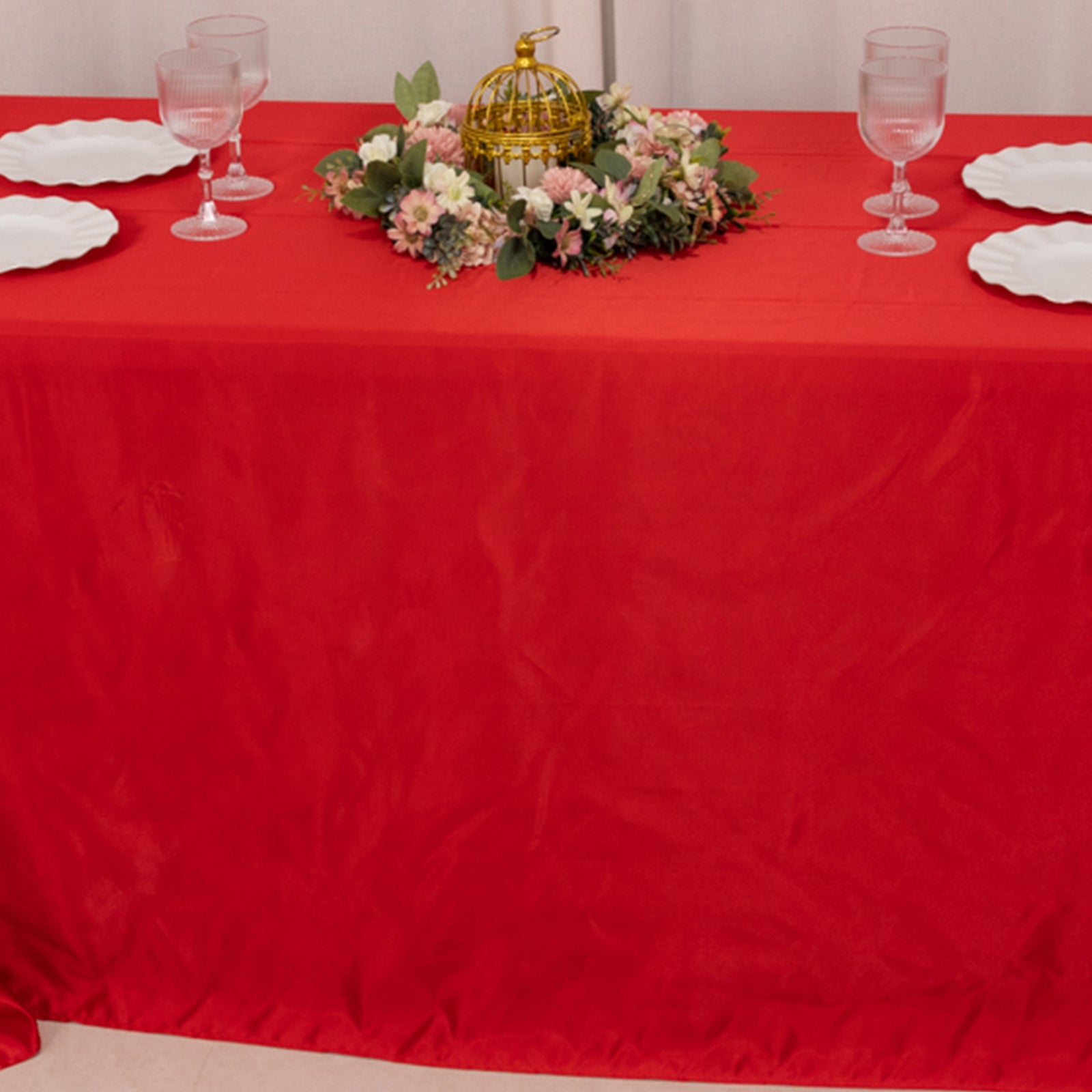 Red rectangular tablecloth for a 6-foot table with floor-length drop.