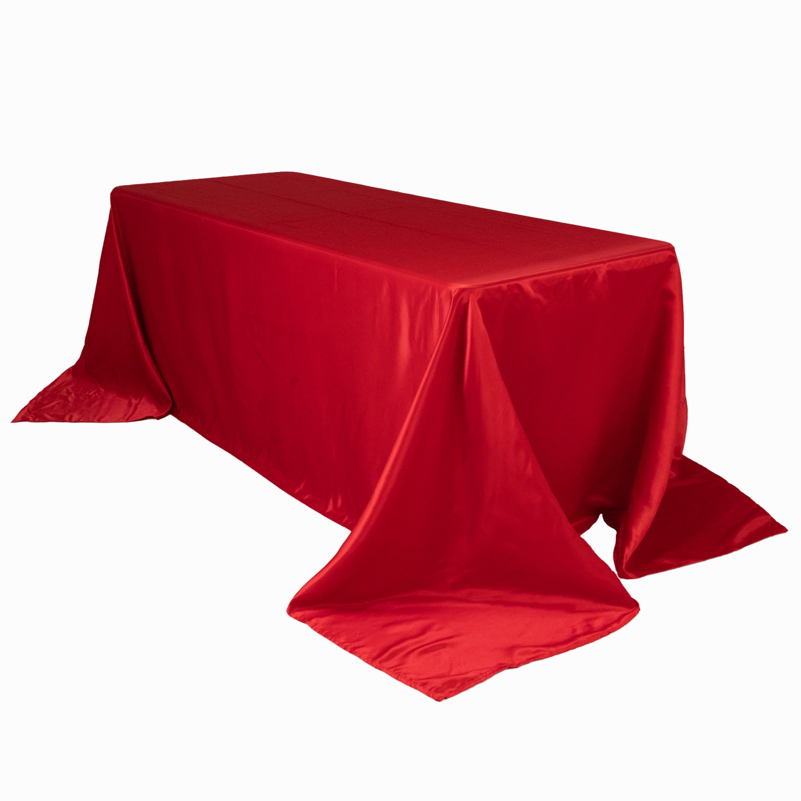 Red seamless satin tablecloth for 6-foot table with floor-length drop.