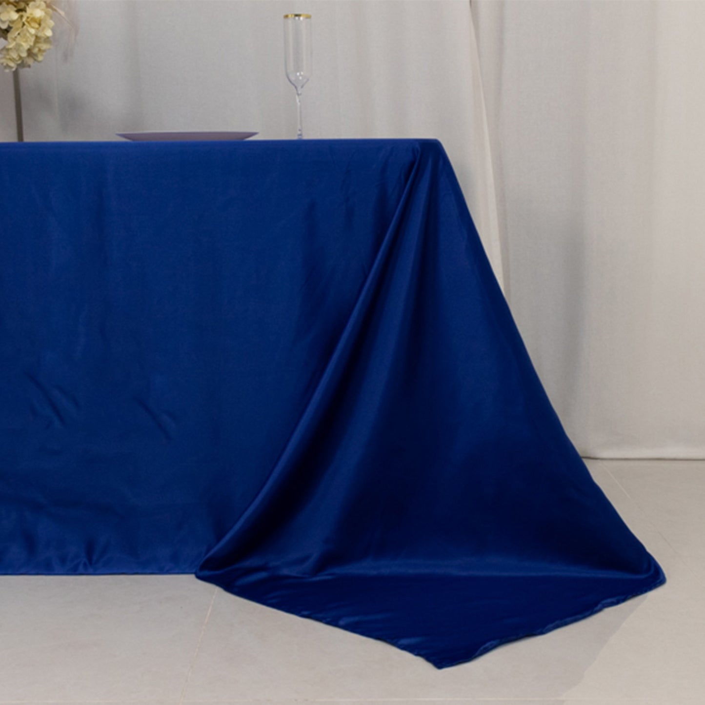 90"x132" Royal Blue Seamless Lamour Satin Rectangle Tablecloth for 6 Foot Table With Floor-Length Drop