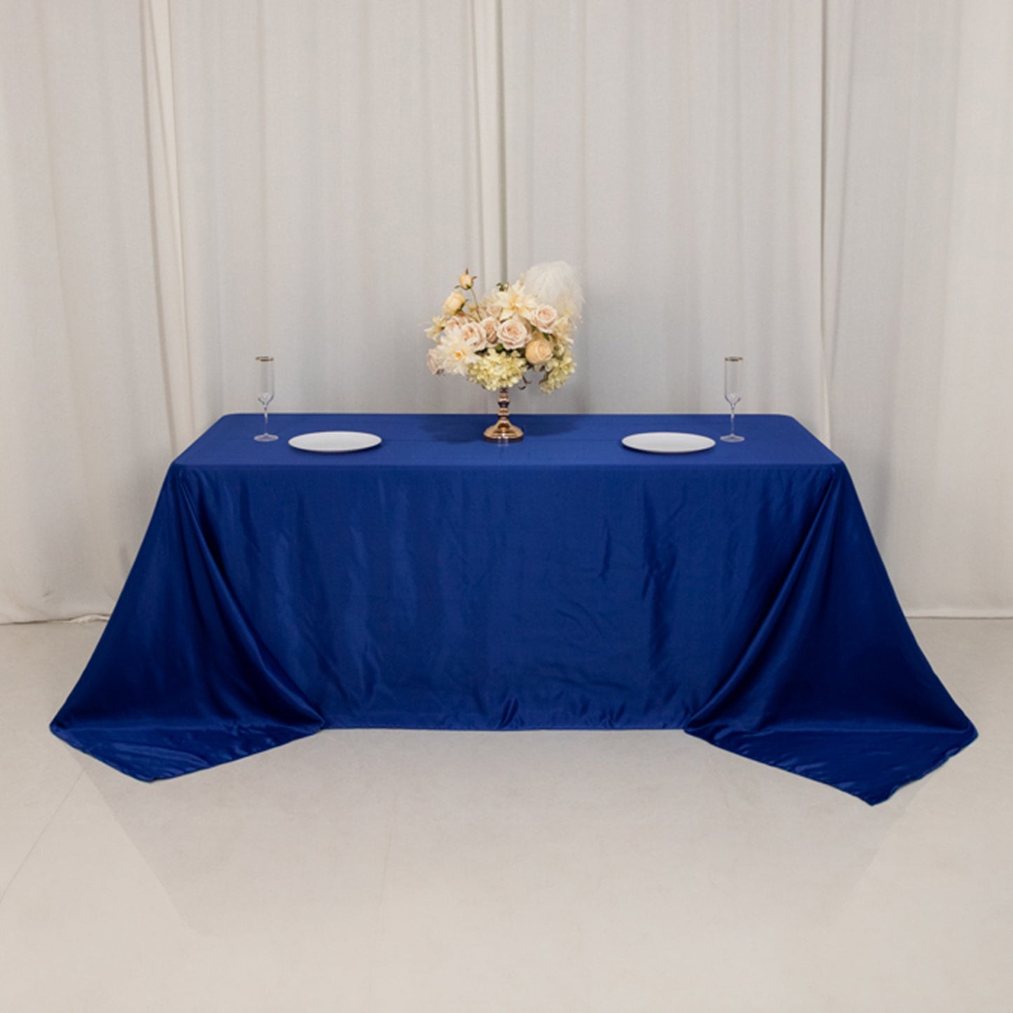 90"x132" Royal Blue Seamless Lamour Satin Rectangle Tablecloth for 6 Foot Table With Floor-Length Drop