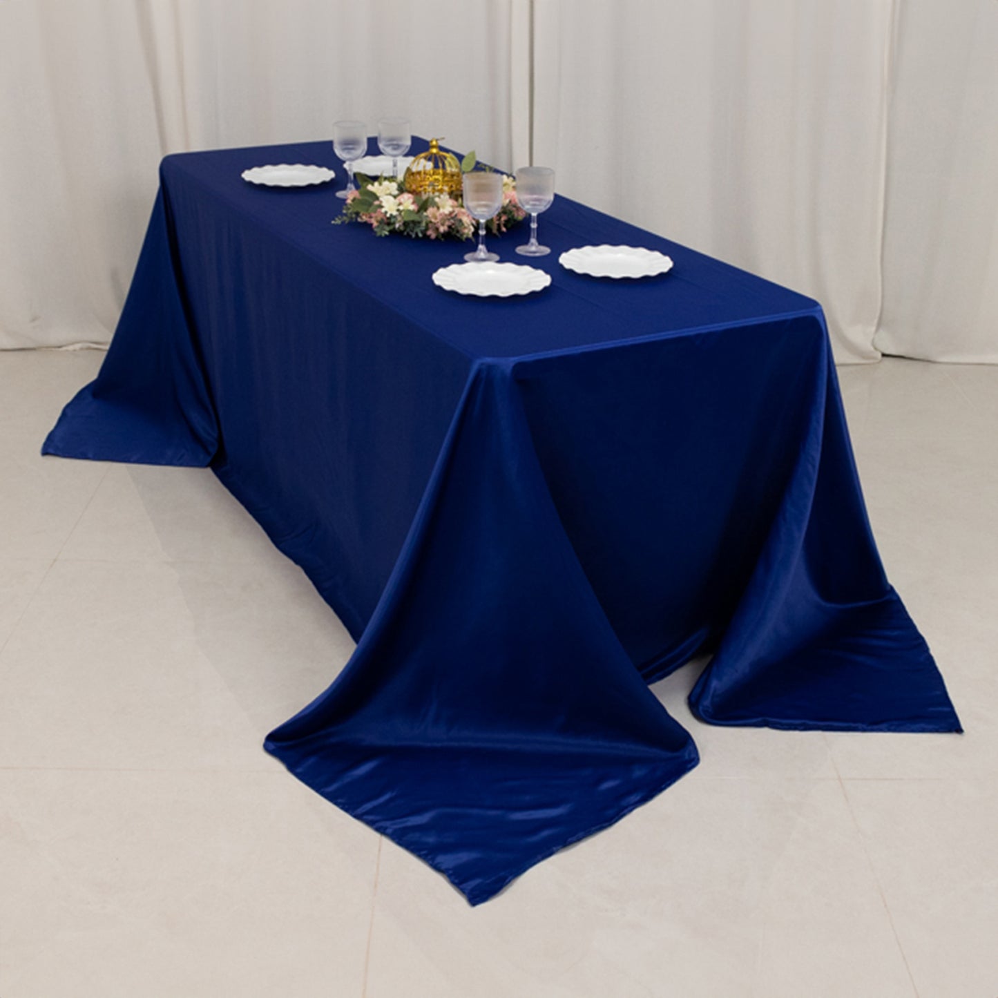 90"x132" Royal Blue Seamless Lamour Satin Rectangle Tablecloth for 6 Foot Table With Floor-Length Drop