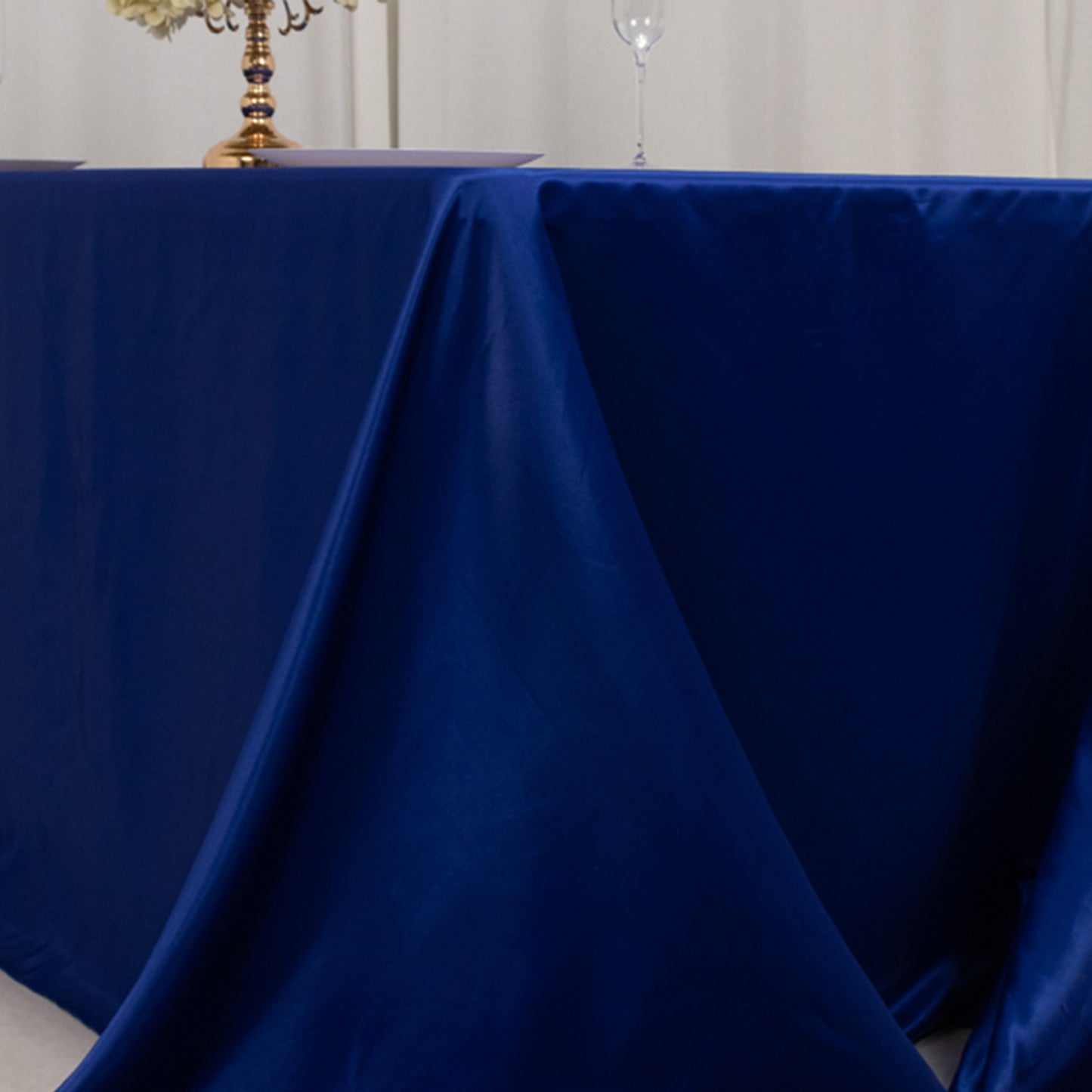 90"x132" Royal Blue Seamless Lamour Satin Rectangle Tablecloth for 6 Foot Table With Floor-Length Drop