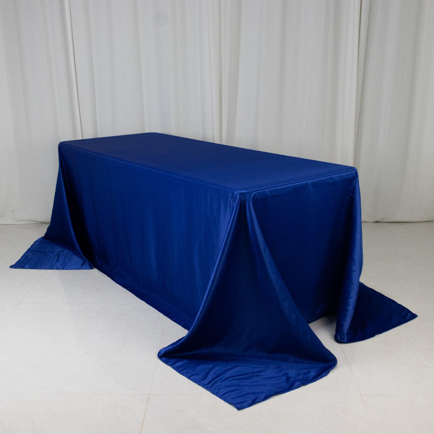 90"x132" Royal Blue Seamless Lamour Satin Rectangle Tablecloth for 6 Foot Table With Floor-Length Drop