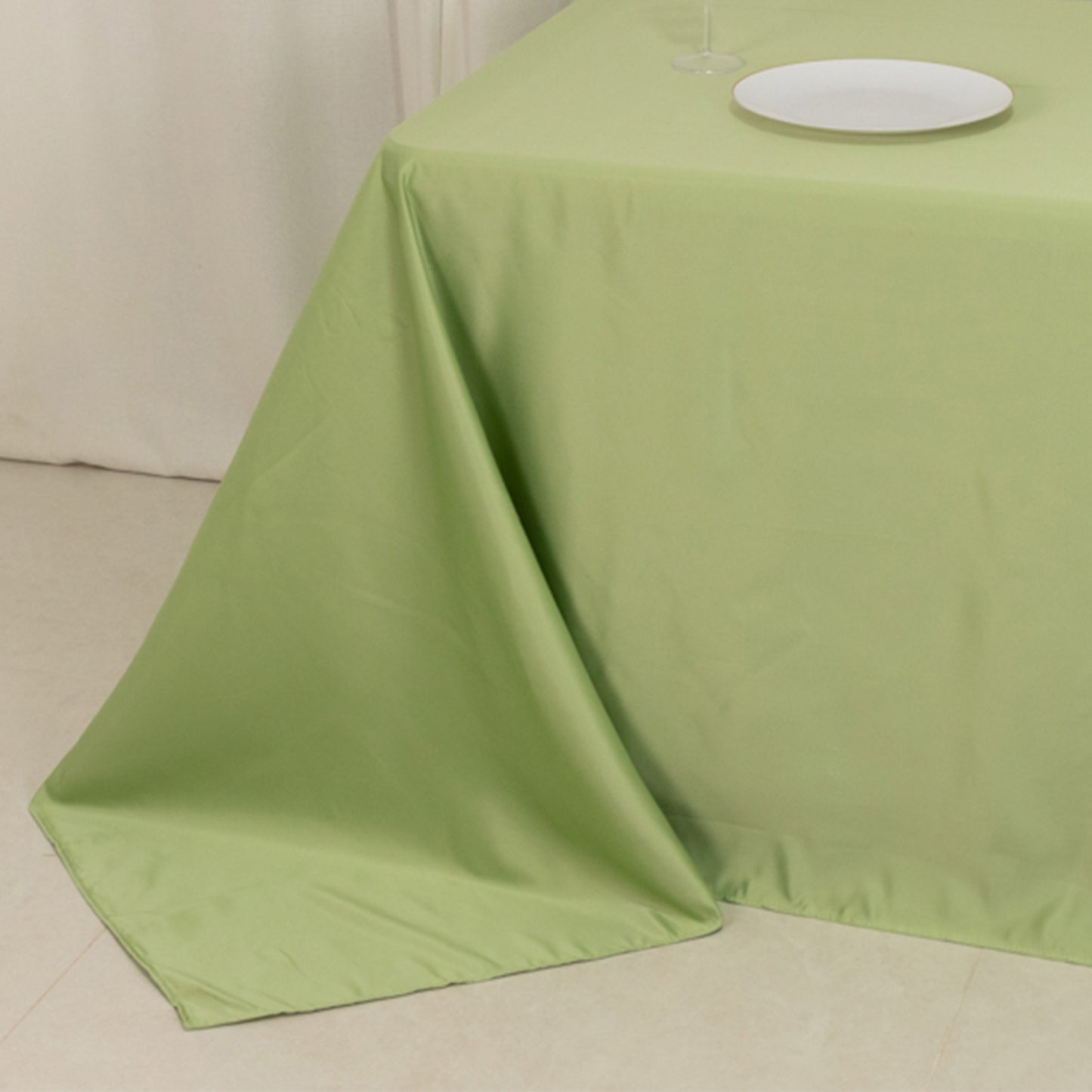 90"x132" Sage Green Seamless Lamour Satin Rectangle Tablecloth for 6 Foot Table With Floor-Length Drop