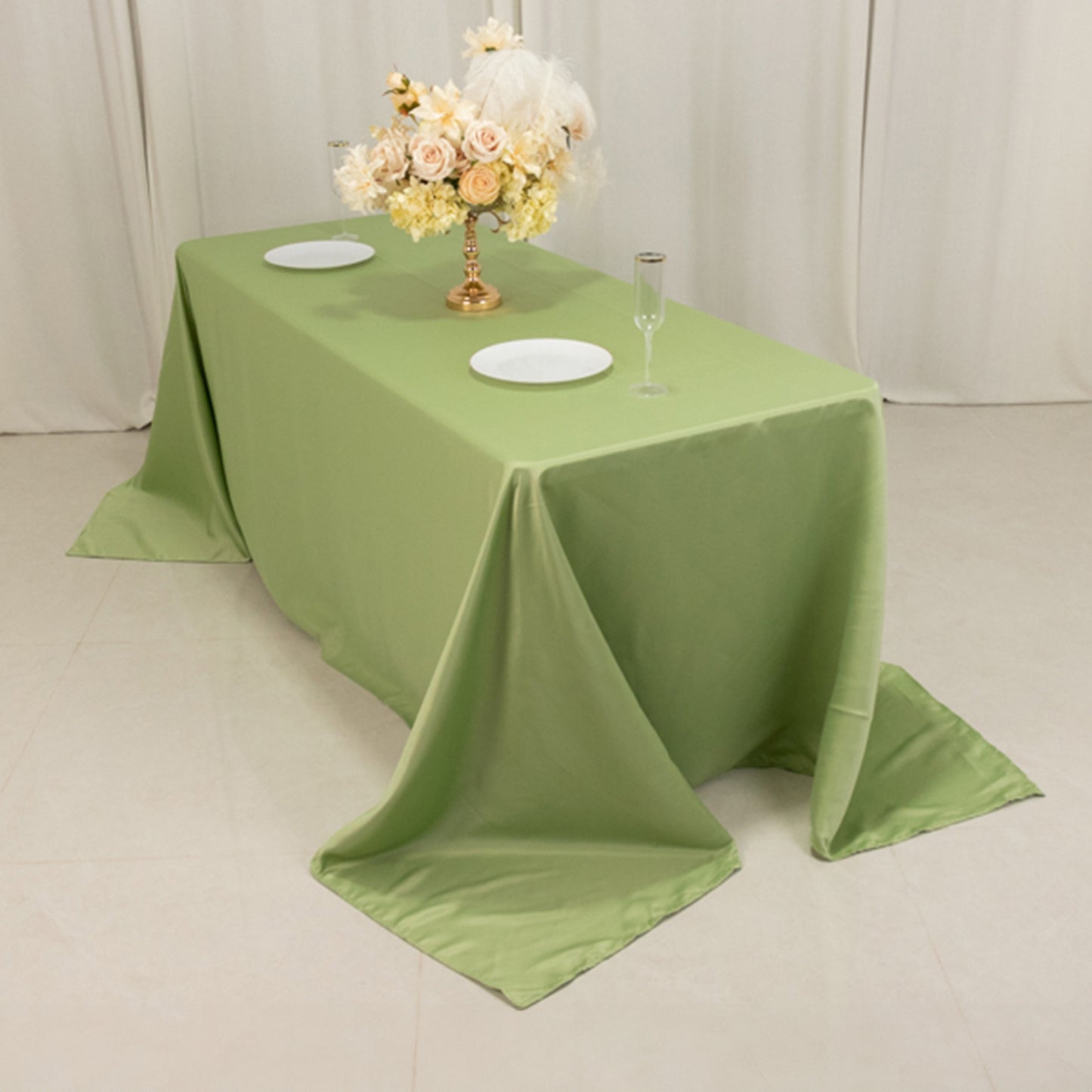90"x132" Sage Green Seamless Lamour Satin Rectangle Tablecloth for 6 Foot Table With Floor-Length Drop