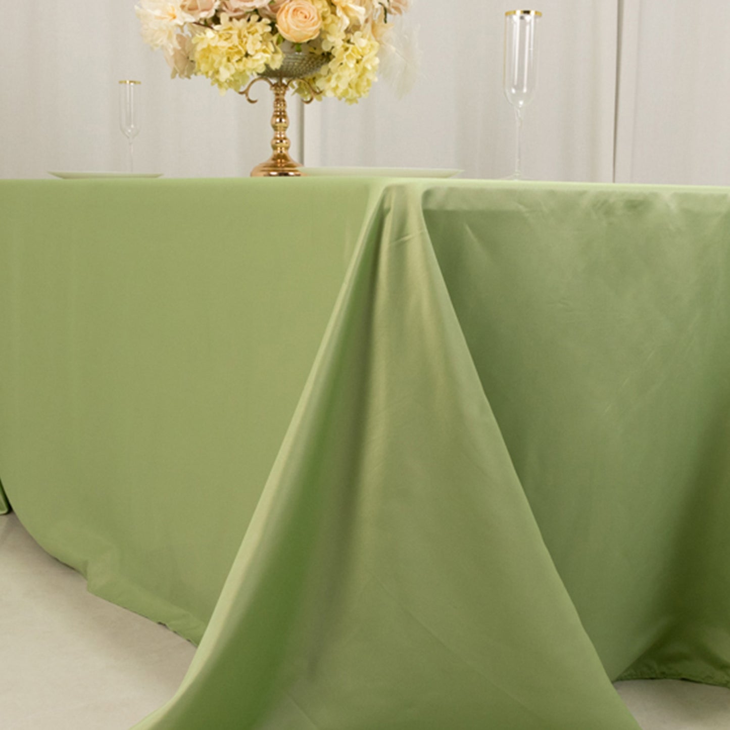 90"x132" Sage Green Seamless Lamour Satin Rectangle Tablecloth for 6 Foot Table With Floor-Length Drop