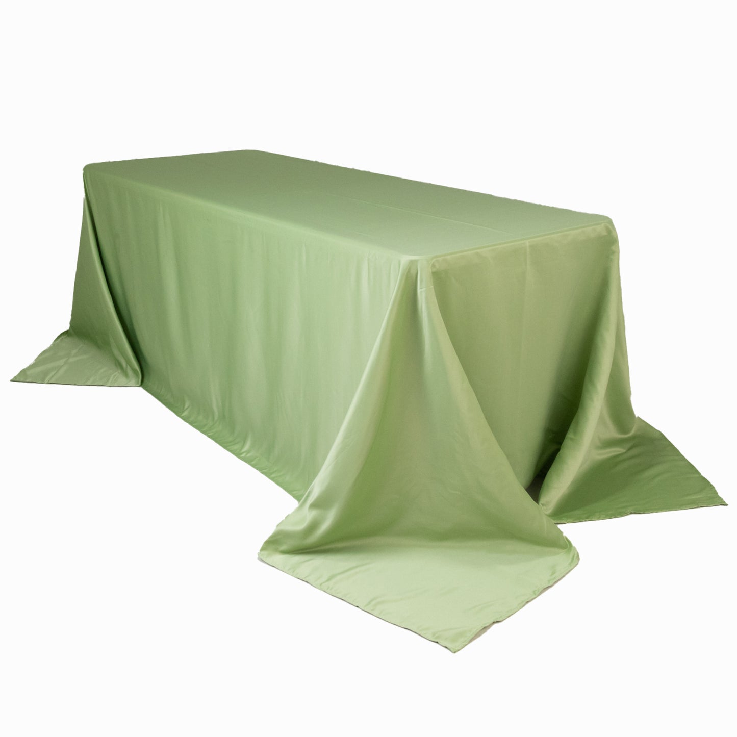 90"x132" Sage Green Seamless Lamour Satin Rectangle Tablecloth for 6 Foot Table With Floor-Length Drop