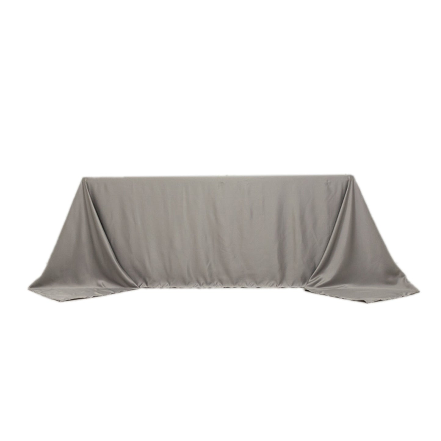 Silver seamless satin tablecloth for 6-foot table with floor-length drop.