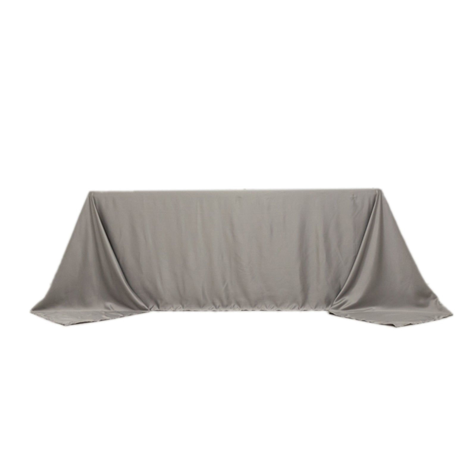 Silver seamless satin tablecloth for 6-foot table with floor-length drop.