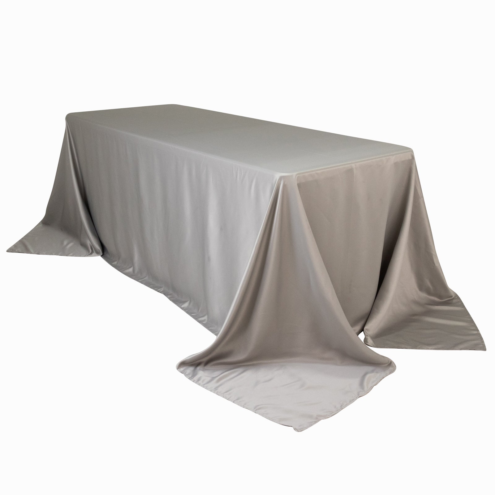Silver seamless satin tablecloth for a 6-foot table.