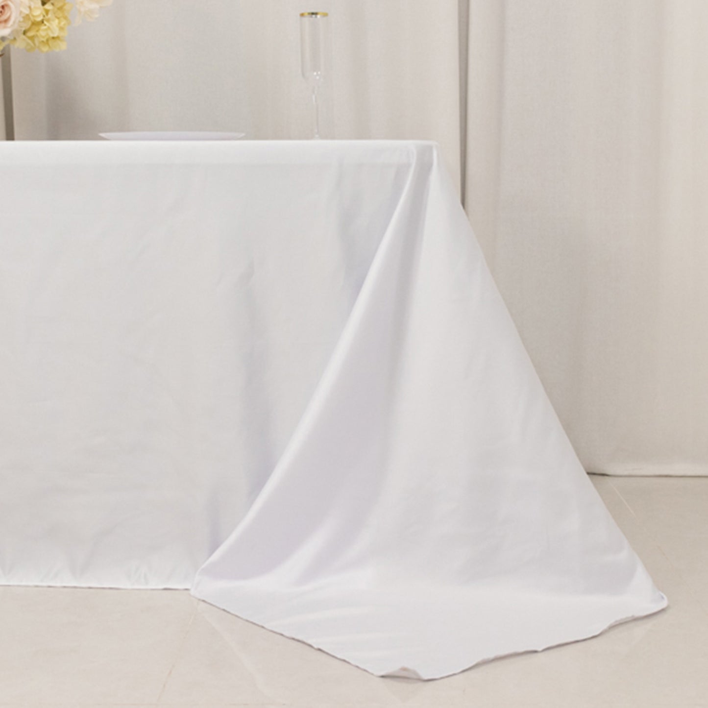 90"x132" White Seamless Lamour Satin Rectangle Tablecloth for 6 Foot Table With Floor-Length Drop