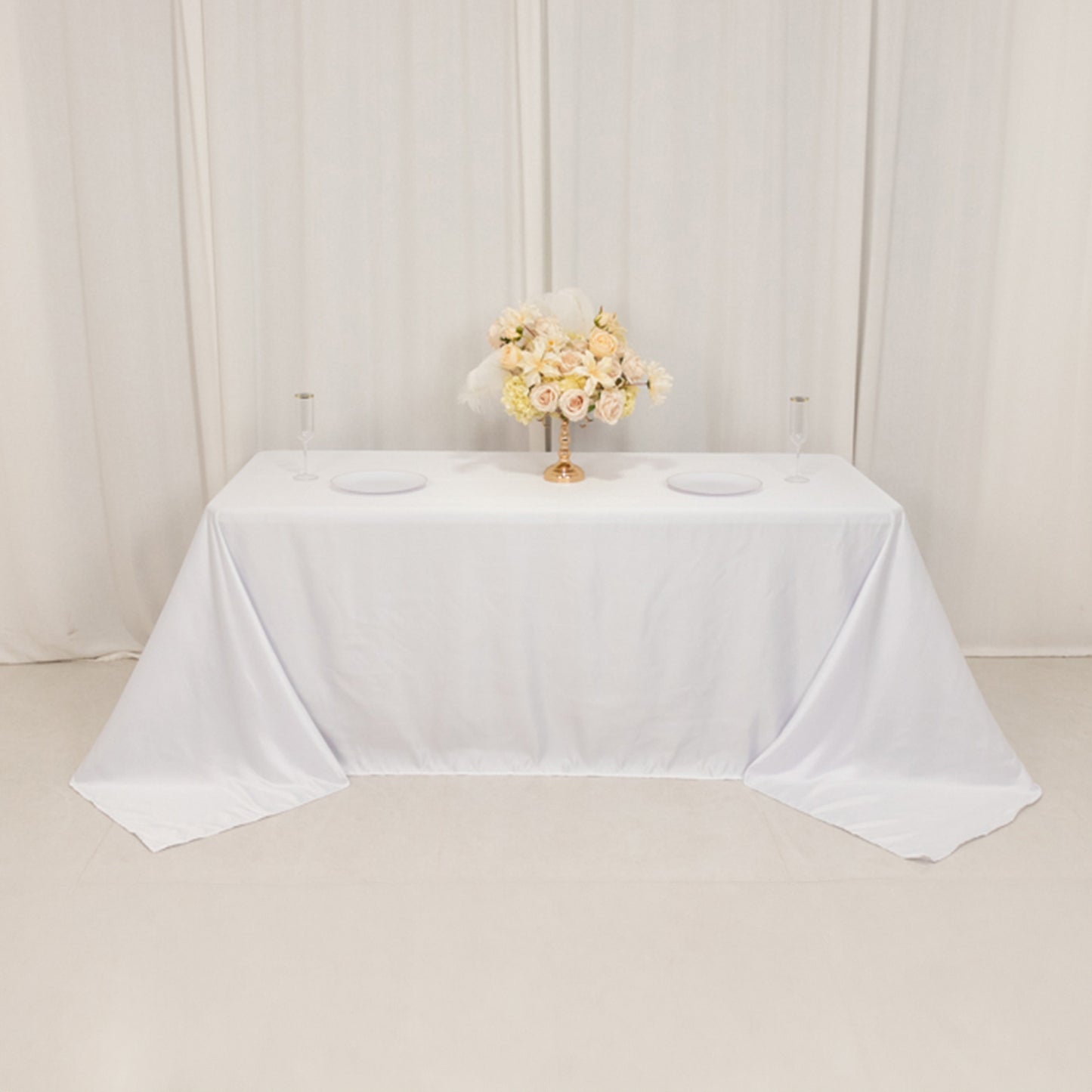 90"x132" White Seamless Lamour Satin Rectangle Tablecloth for 6 Foot Table With Floor-Length Drop