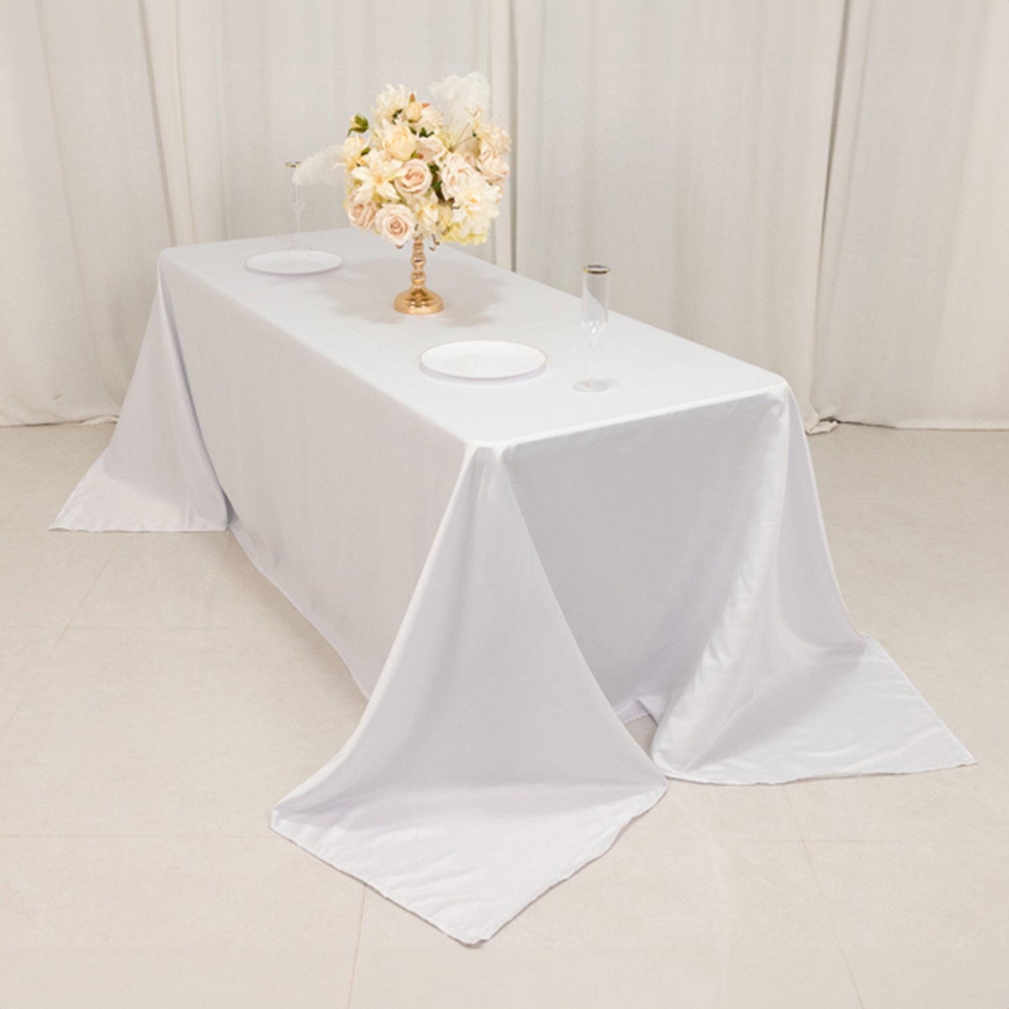 90"x132" White Seamless Lamour Satin Rectangle Tablecloth for 6 Foot Table With Floor-Length Drop