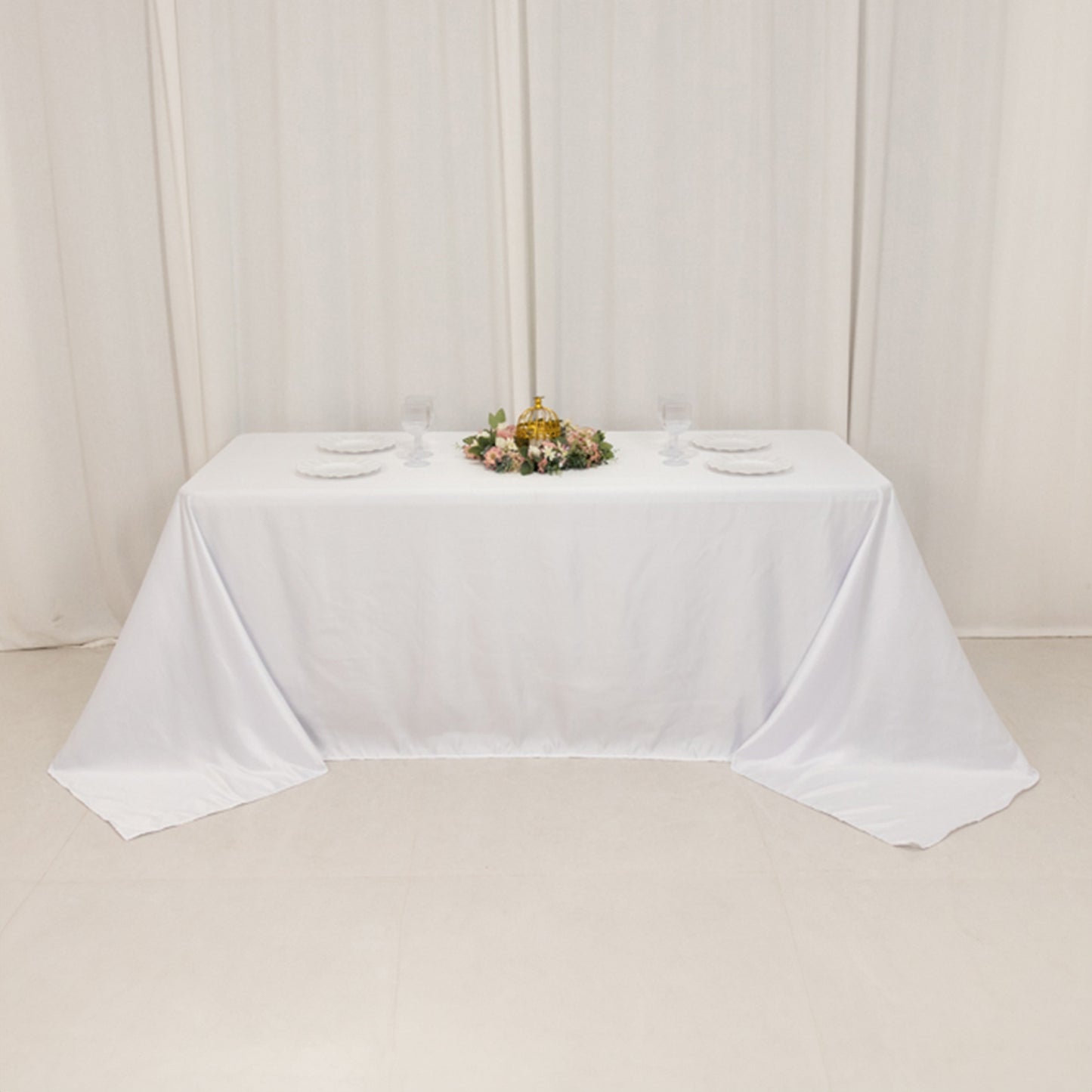 90"x132" White Seamless Lamour Satin Rectangle Tablecloth for 6 Foot Table With Floor-Length Drop