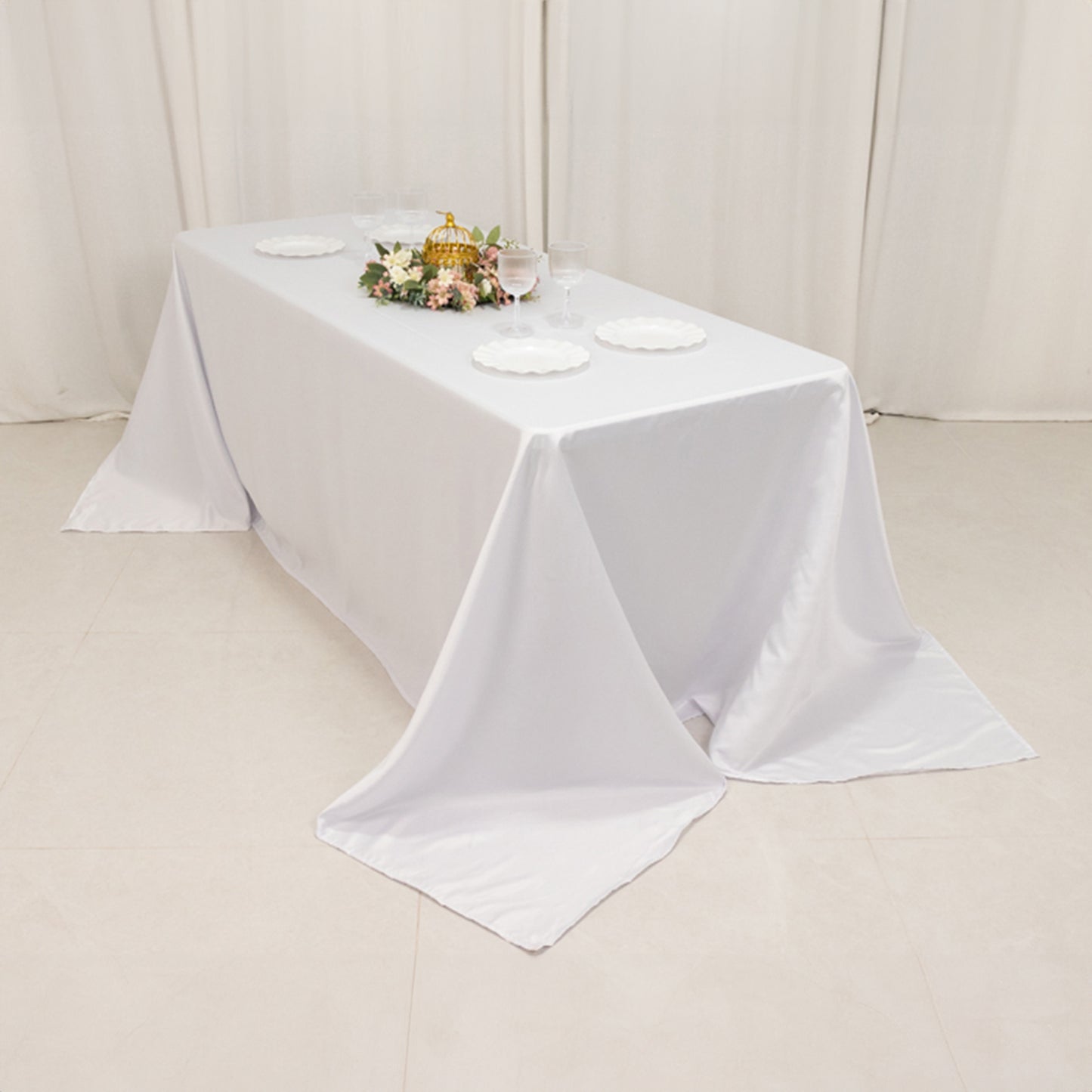 90"x132" White Seamless Lamour Satin Rectangle Tablecloth for 6 Foot Table With Floor-Length Drop