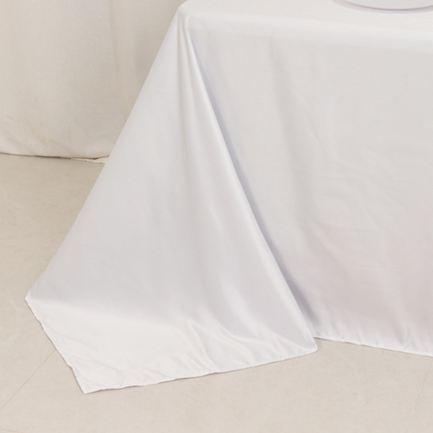 90"x132" White Seamless Lamour Satin Rectangle Tablecloth for 6 Foot Table With Floor-Length Drop