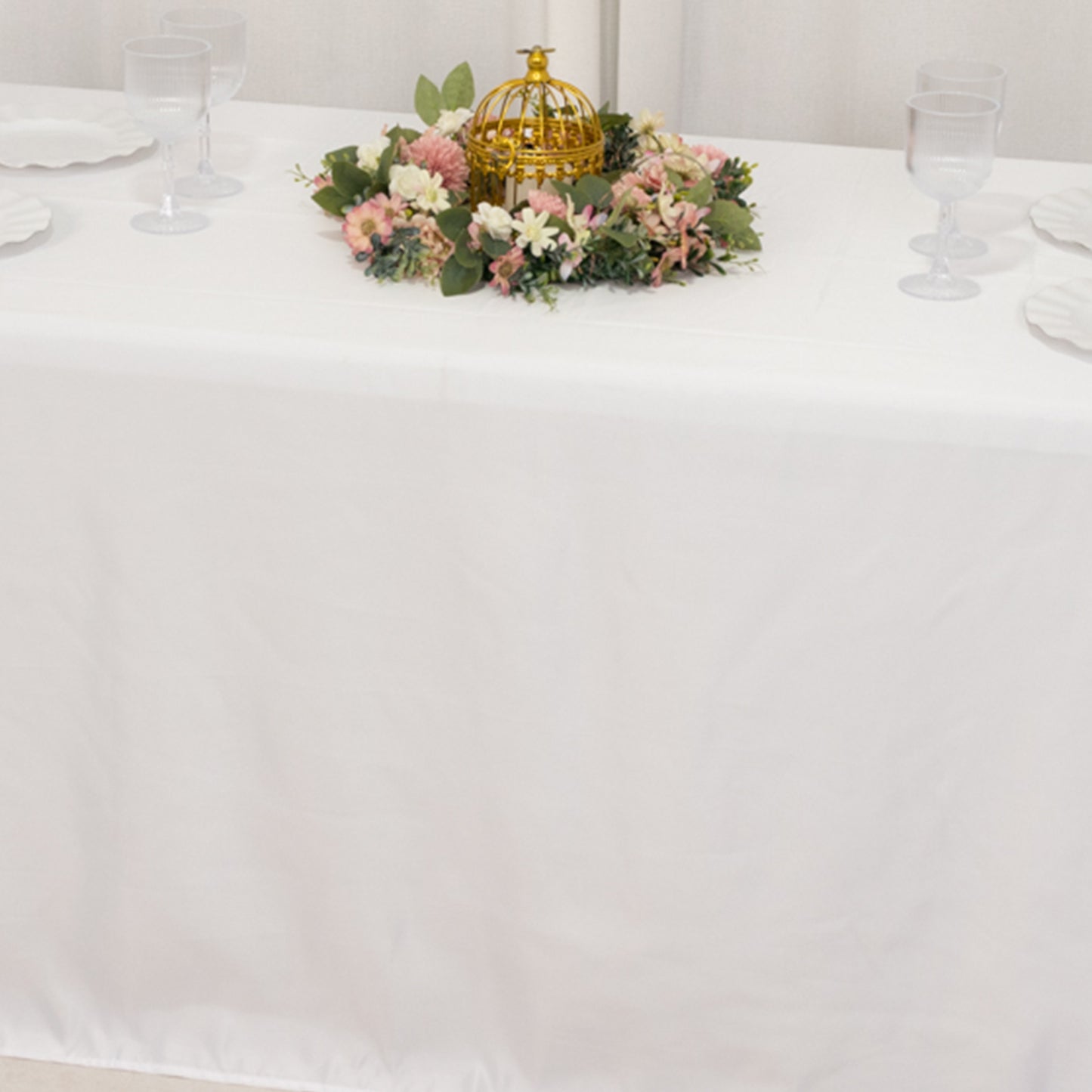 90"x132" White Seamless Lamour Satin Rectangle Tablecloth for 6 Foot Table With Floor-Length Drop