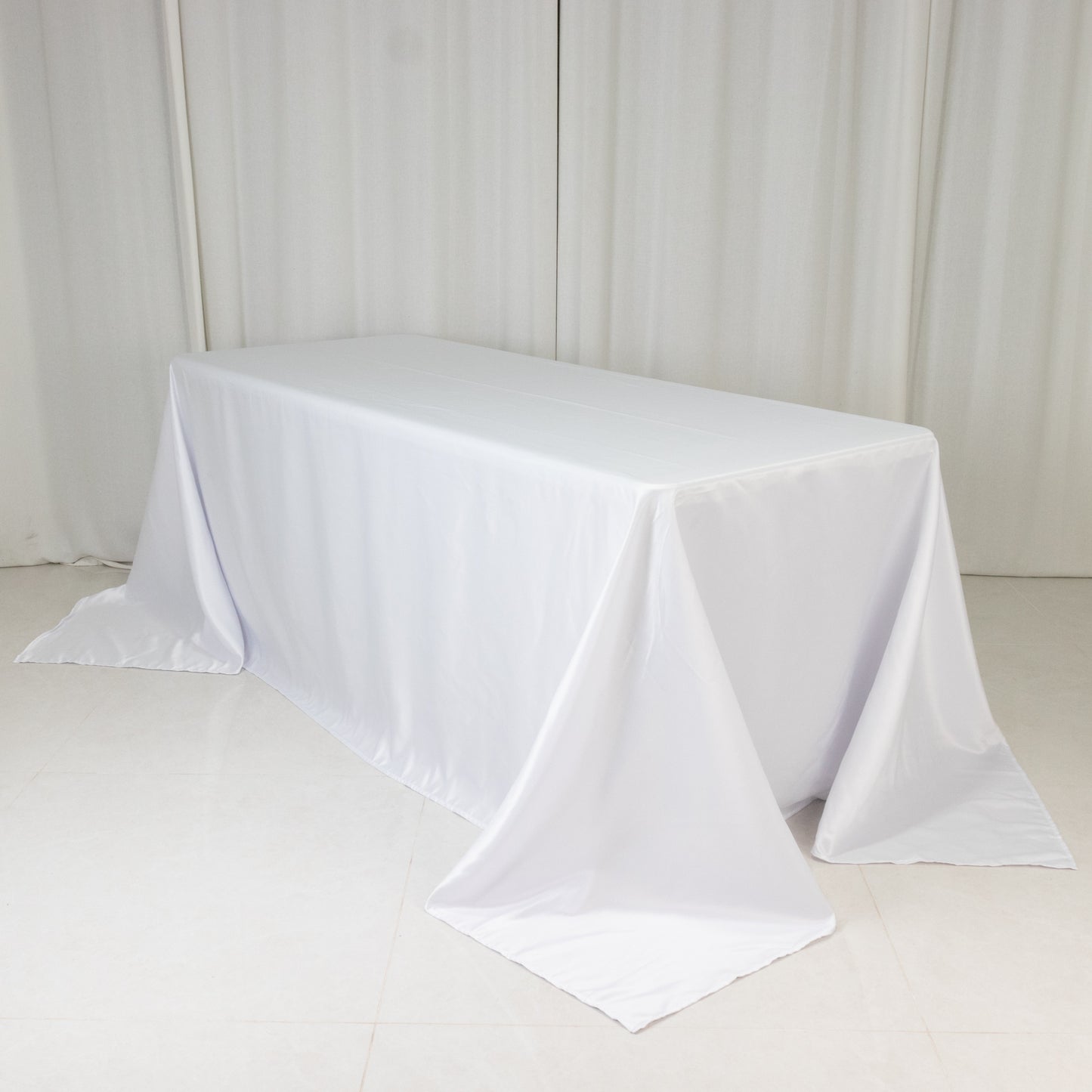90"x132" White Seamless Lamour Satin Rectangle Tablecloth for 6 Foot Table With Floor-Length Drop