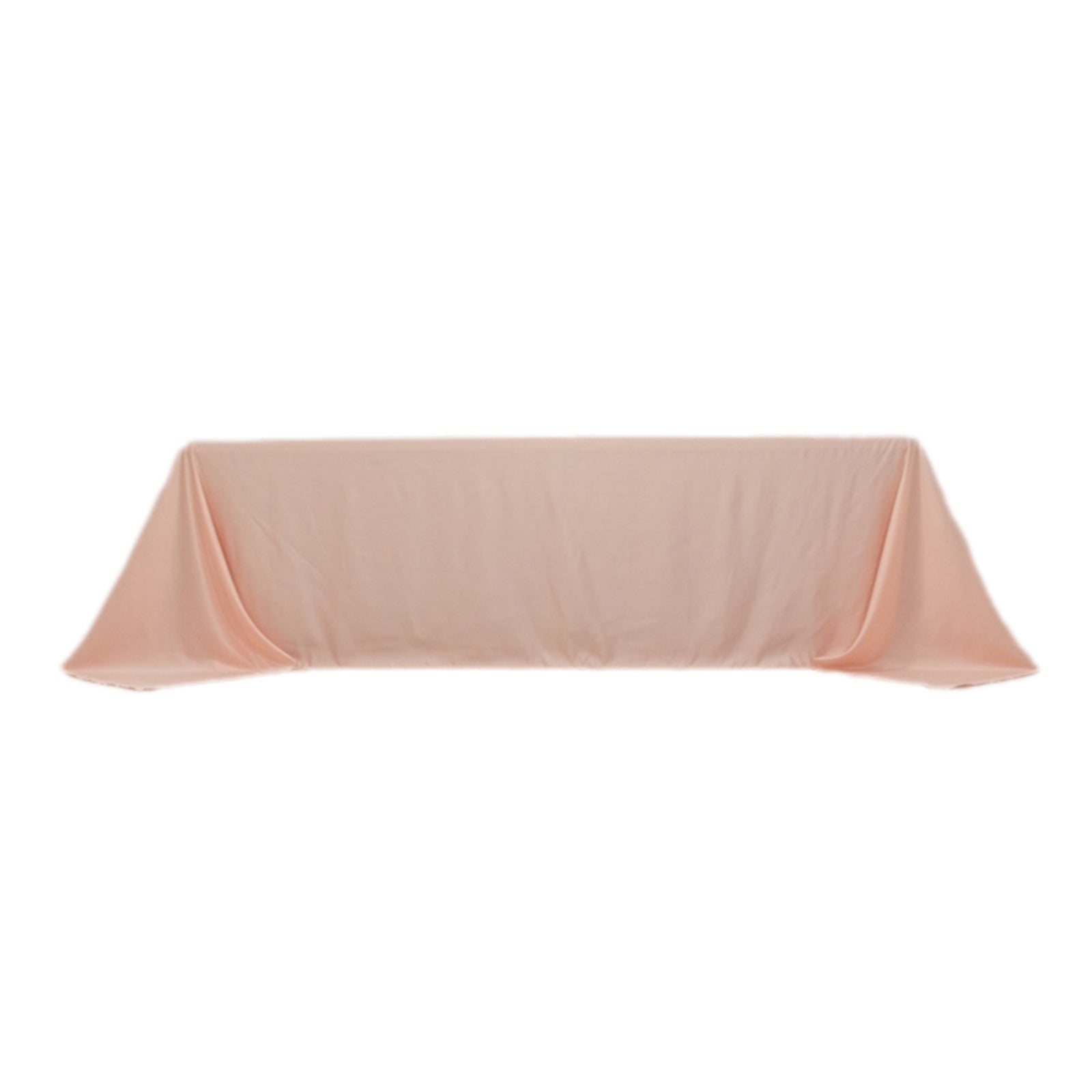Blush satin tablecloth for 8-foot table with floor-length drop.
