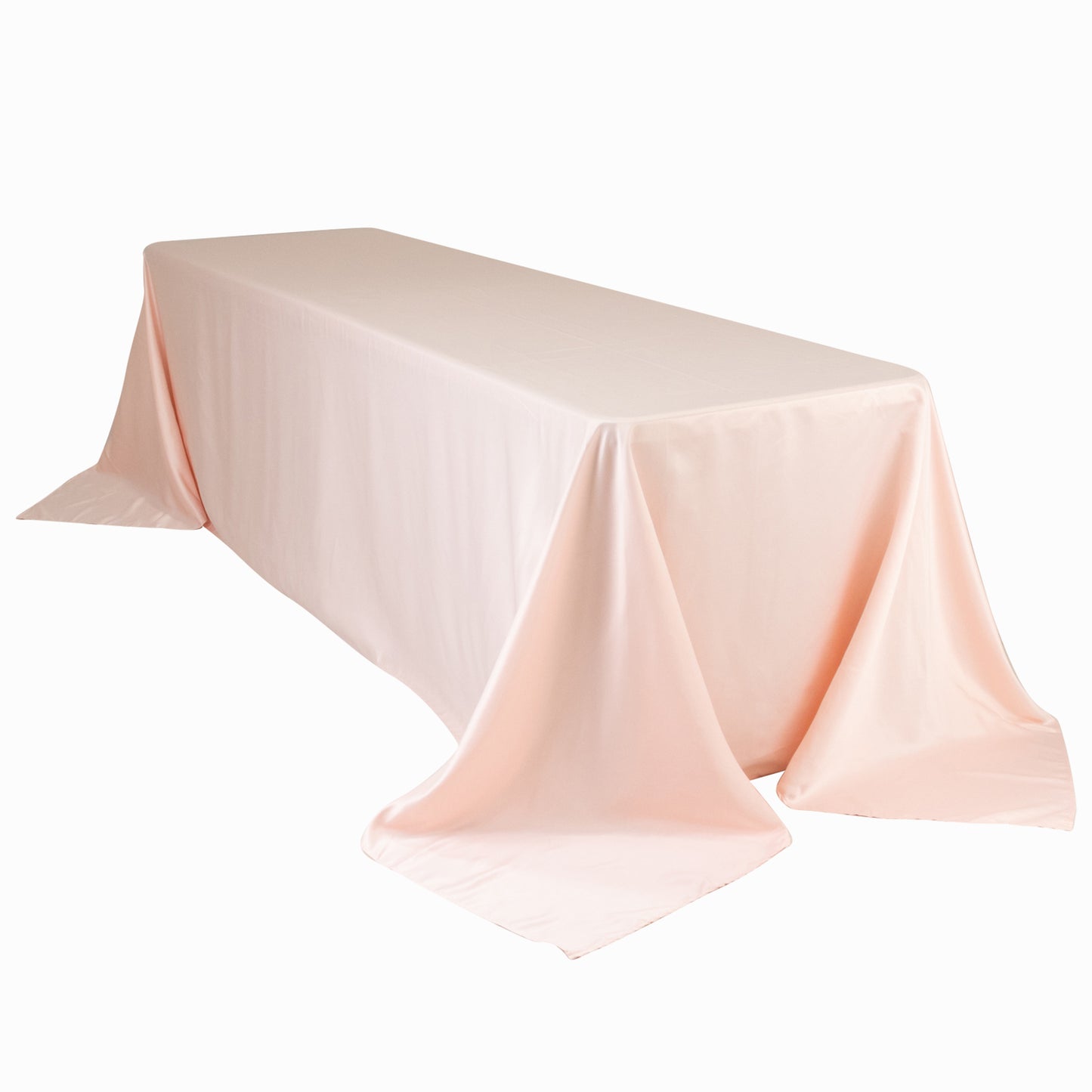 Blush satin tablecloth for 8-foot table with floor-length drop.