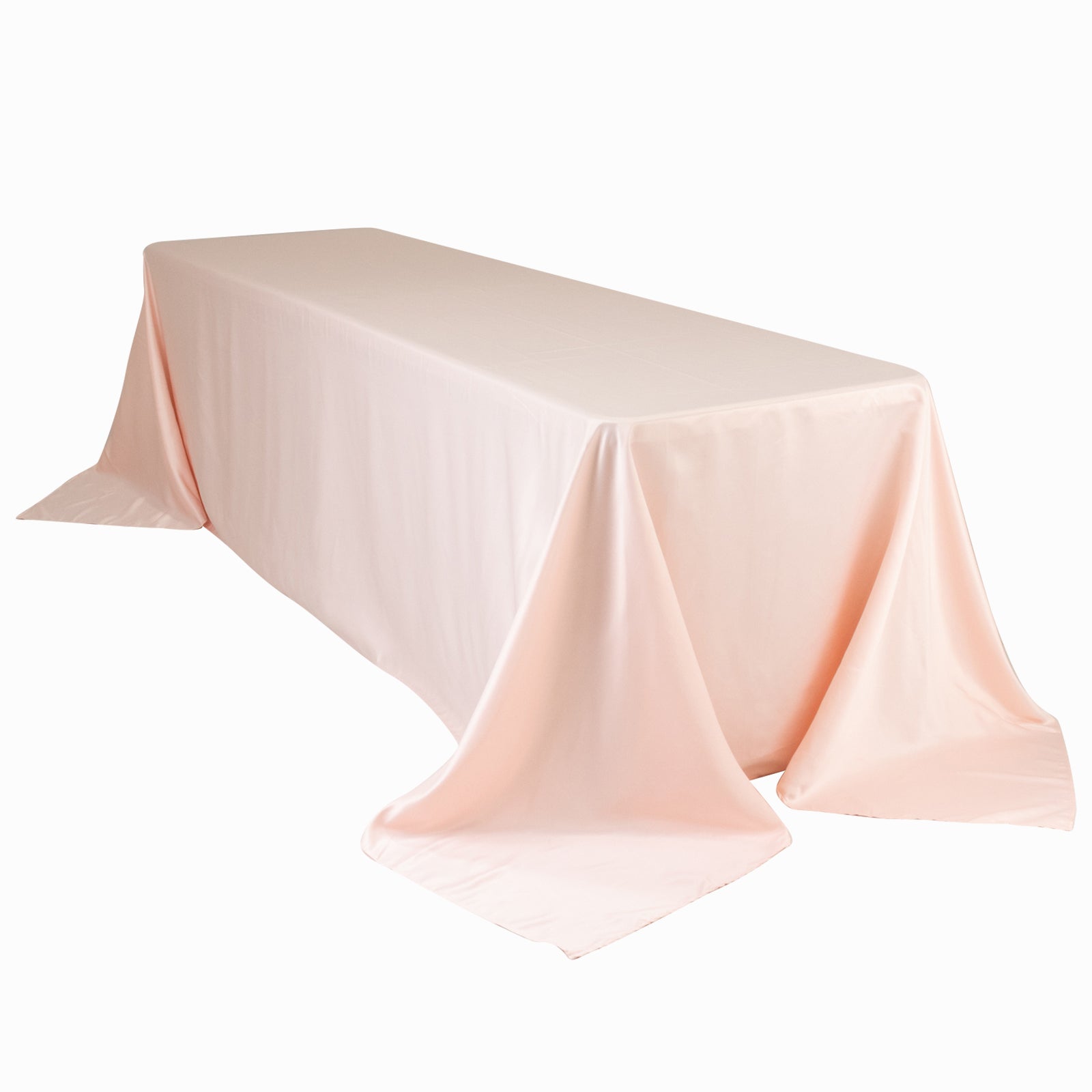 Blush satin tablecloth for 8-foot table with floor-length drop.
